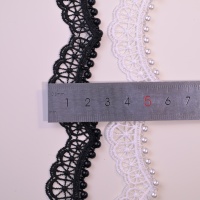 Ruban décoratif en dentelle ajourée noir et blanc, fait main, orné de perles et de dentelle festonnée, pour vêtements, coiffes et décorations artisanales