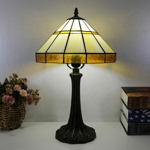 LongHuiJing Tiffany Table Lamp with Conical Shade Beige and Bronze Stained Glass Lampshade Restaurant - Product Image 1