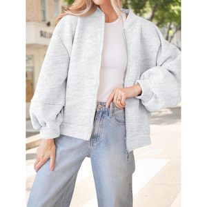 Sudadera con cremallera para mujer, chaqueta bomber, manga farol, ropa exterior informal de otoño de gran tamaño - Product Image 3