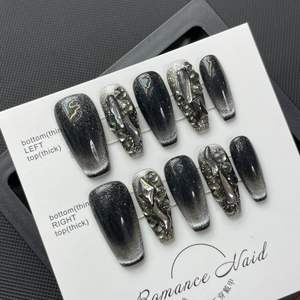 Lot de 10 faux <span class=keywords><strong>ongles</strong></span> longs faits à la main avec adhésifs, design dentelle noir tendance et élégant pour les doigts - Product Image 4
