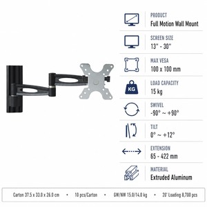 <span class=keywords><strong>Support</strong></span> <span class=keywords><strong>mural</strong></span> pour téléviseur et moniteur Full Motion LCD302, <span class=keywords><strong>support</strong></span> <span class=keywords><strong>articulé</strong></span> réglable pour écrans de 13 à 30 pouces - Product Image 4