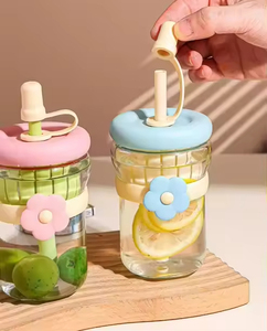 500ml Cute Flower Glass Water Bottle with Filter <b>Cold</b> Drink Beverage <b>Cup</b> Coffee Mug Lid Juice Mug Straw Portable Travel Mug - Product Image 2