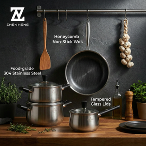 Batterie de cuisine robuste en acier inoxydable 304 de qualité 18/10, comprenant une poêle antiadhésive alvéolée et des casseroles à induction avec poignée anti-brûlure - Product Image 2