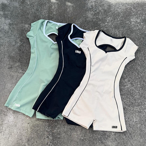 Combinaisons et justaucorps de sport pour femmes, séchage rapide, dos nu, design color block, couleurs contrastées, pour la gym, vêtements de sport à manches courtes - Product Image 1