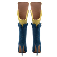 Bottines Courtes en Jean pour Femmes, Style Sportif, Talons Aiguilles Fins, Grande Taille 47, Chaussures à Lacets, Patchwork Bleu et Jaune, Bottines Cheville en Denim