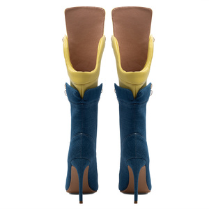 Stivaletti Sportivi da <span class=keywords><strong>Donna</strong></span> con Tacco a Spillo Sottile, Taglia Grande 47, Scarpe con Lacci, Blu e Giallo, Stivaletti in Denim Patchwork - Product Image 3
