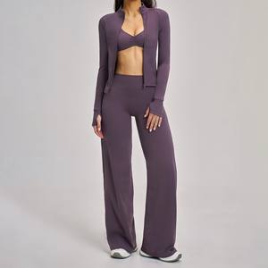 YIYI Ensemble de sport 3 pièces pour <span class=keywords><strong>femme</strong></span>, col montant, coupe ajustée, pour fitness et yoga, avec pantalon évasé taille haute effet push-up et veste - Product Image 3