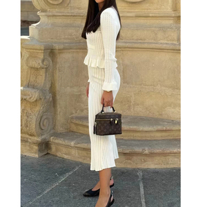 ชุดกระโปรงสองชิ้นสำหรับผู้หญิงชุดกระโปรงยาวถักแขนยาวคอวีสินค้ามาใหม่ - Product Image 3