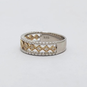Trio Half Eternity Gouden Belbgold Bicolor CZ 925 Plata de ley <span class=keywords><strong>y</strong></span> anillo con cuentas de filigrana de oro real de 9K - Product Image 4
