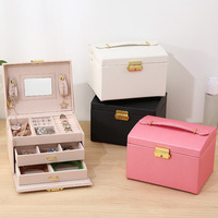 Boîte à bijoux multifonctionnelle en cuir à 3 niveaux, style tiroir, avec serrure pour boucles d'oreilles et bijoux, boîte à bijoux à trois couches avec serrure en arche