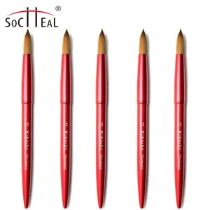 ปากกาอะคริลิค kolinsky ด้ามโลหะสีแดงคุณภาพสูง100% โลโก้ตามสั่งปากกาอะคริลิคหัวกลมแบบจีบสำหรับ3D ตกแต่งเล็บ
