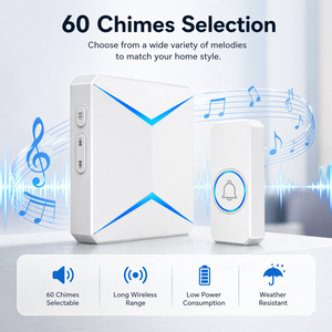 Sonnette <span class=keywords><strong>sans</strong></span> <span class=keywords><strong>fil</strong></span> <span class=keywords><strong>longue</strong></span> portée 300m, kit de <span class=keywords><strong>carillon</strong></span> de porte avec 60 mélodies, 110dB, étanche IP55, récepteur enfichable pour hôtel, maison, bureau, école - Product Image 2