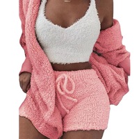 Ensemble trois pièces décontracté et sportif en flanelle thermique pour femme, nouvelle collection automne/hiver : haut à manches longues, débardeur court et short