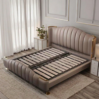 Neues Produkt: Maßgefertigtes, leicht luxuriöses, minimalistisches Doppelbett aus echtem Leder mit verstellbarem Massivholzrahmen im neuen chinesischen Modern-Stil