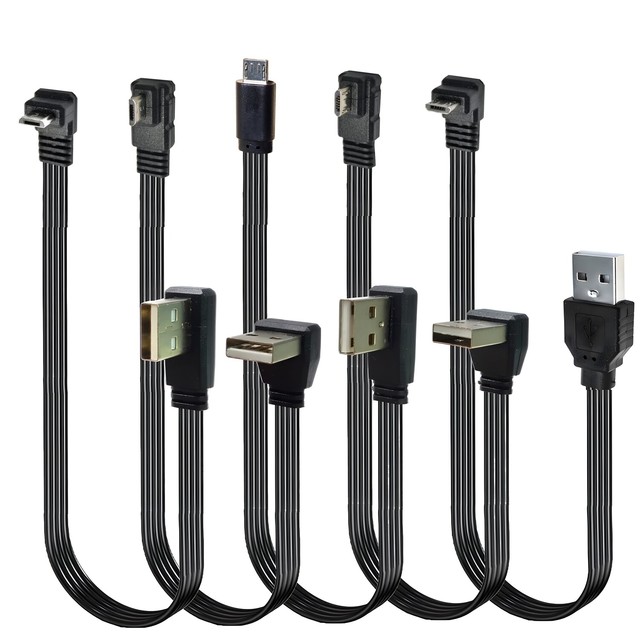 Micro USB Data Charging Cable Flat Soft Ribbon Car-Use Design Up-Down-Left-Right Angled Connectors Universal for Android Phones