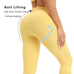 女性用ハイウエストジムレギンス黄色リブバットリフトヨガパンツソリッドパターンアクティブウェア服スパンデックス/ナイロン製 - Product Image 1