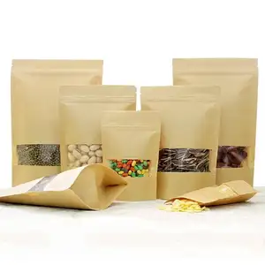 Stand Up Zipper Brown Kraft Paper Resealable Heat Sealable Food Storage Doypack Packaging Pouches Bag With Clear Window