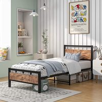 Cadre de lit simple de style moderne avec tête de lit en bois Base de matelas en métal solide Rangement sous le lit pour adolescents/adultes