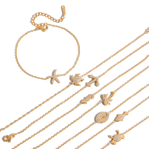 Bracciale a catena J&D Ocean Summer in acciaio inossidabile placcato oro 18K con zirconi, a tema vacanze, con cavalluccio marino, pesce, stella marina, tartaruga, granchio, ancora e albero di cocco - Product Image 6