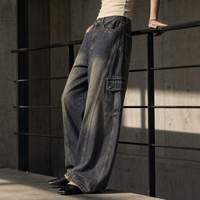 Jeans Cargo da Donna in Denim Pesante Tinto Effetto Fango, Estetici Grigio Antracite a Gamba Larga con Multi-Tasche