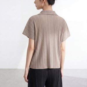 Camiseta Básica Minimalista de Chifón con Cuello en V a Rayas, Plisado Miyake Elegante, Manga Corta Holgada, para el Día a Día de Mujer - Product Image 6