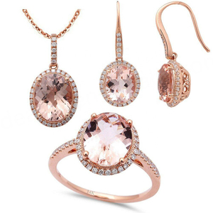 Ensemble de bijoux de mariage en argent sterling 925 avec halo en zircon cubique et morganite taille ovale - Product Image 1