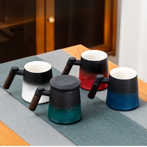 Tasse à thé à manche en bois mat de haute qualité avec infuseur et couvercle tasse infuseur à thé en céramique avec relief texturé <span class=keywords><strong>noir</strong></span> bleu - Product Image 3