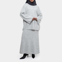 Ensemble 2 pièces sur mesure en tricot premium, pull gris ample et jupe longue, vêtements pour femmes musulmanes, collection hiver, vente en gros