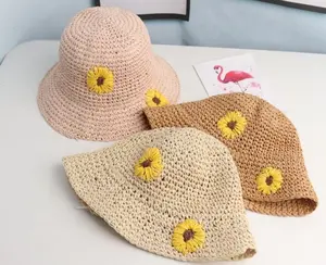Chapéu de sol para crianças, chapéu para bebês com palha de crochê com flores margaridas, aplique de decoração