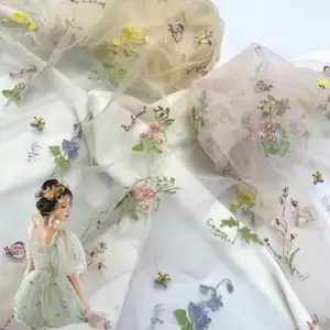 2025 new flat embroidery organ mesh multicolor embroidery fairy dress organza fabric