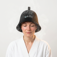 Chapeau de sauna en feutre de laine noir avec logo personnalisé, boucle de suspension, pour une utilisation rafraîchissante et respirante en hammam, soin des cheveux