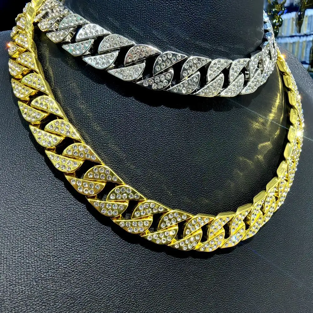 Cadena de eslabones cubanos con diamantes de imitación, joyería de moda de 15mm, estilo Hip Hop