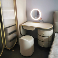 Coiffeuse moderne en bois bleu et cuir avec miroir LED, 4 grands tiroirs réglables pour chambre et appartement