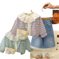 Ensemble de vêtements pour bébés filles, 3 pièces, tenue décontractée, cardigan rayé, chemisier en dentelle, short en jean à volants, ensemble de vêtements pour enfants