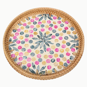 Bandeja de Servir Redonda de Madera Elegante con Incrustaciones de Nácar y Mimbre, Personalizable OEM/ODM, Regalo de Inauguración de Casa, Duradera - Product Image 1