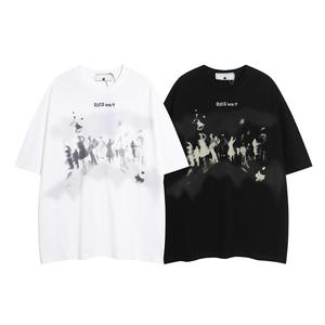 T-shirt à col rond de style américain pour hommes à la mode nouvelle jeunesse populaire coupe ample à manches courtes motif de silhouette floue teint uni - Product Image 5