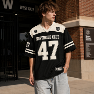 Vintage University Style Football Jersey Short Sleeve Printed Contrast Shoulder Mesh <b>Fan</b> Shirt Collegiate Sportswear - Product Image 1