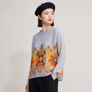 Kadın Sanatsal Çiçek Baskılı Pileli Üst Yuvarlak Yaka Uzun Kollu Yatay Pileli Bluz Zarif Miyake Tarzı Moda Gömlek - Product Image 5
