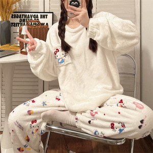 Pijamas <span class=keywords><strong>de</strong></span> Invierno para Mujer, Franela, Manga Larga, Diseño <span class=keywords><strong>de</strong></span> Dibujos Animados, Gruesos y Cálidos, Estilo Cardigan, <span class=keywords><strong>Hello</strong></span> <span class=keywords><strong>Kitty</strong></span>, Conjunto <span class=keywords><strong>de</strong></span> 2 Piezas - Product Image 3