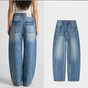 Vaqueros de mujer de cintura alta, corte barril, pierna curva, lavado azul medio vintage, con efecto desgastado, holgados, estilo Y2K, <span class=keywords><strong>streetwear</strong></span>, venta al por mayor, en stock - Product Image 1