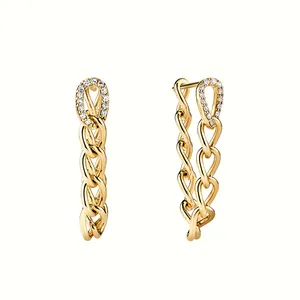 Fashion Dainty Jewelry 14K Gold Plated Pave White Diamond CZ Oversized Curb Chain Link Drop Women's Earrings