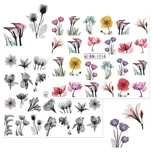 최신 블랙 라인 꽃 네일 워터 스티커 꽃 12 디자인 네일 아트 데칼 뷰티 포일 장식