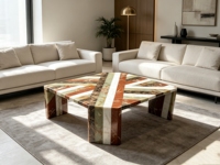 Table basse de luxe moderne en marbre naturel et onyx, incrustation géométrique multi-pierres, faite à la main par un designer italien, mobilier décoratif pour la maison