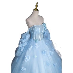 Light Blue Ball Gown Wedding Dress Strapless Empire Waist Tulle Floral Print Chic Bridal Gown - Product Image 5