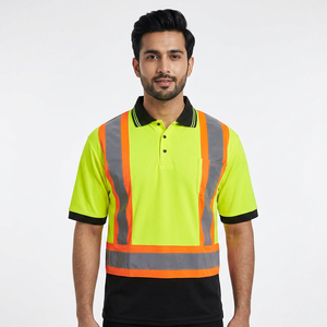 High Visibility Safety Shirt Short Sleeve Reflective <b>Polo</b> Workwear Construction Yellow <b>Orange</b> Stripes - Product Image 1