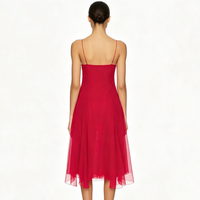 Robe midi rouge pour femme avec dentelle, bretelles spaghetti, buste à volants, jupe fluide en mousseline – Tenue élégante et romantique pour la plage ou les soirées