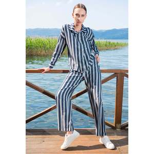 Ensemble pantalon et chemise en coton et viscose pour femme, col ras du cou, épaules tombantes, entièrement boutonné, manches longues, poches - Bleu marine - Bleu marine - Product Image 1