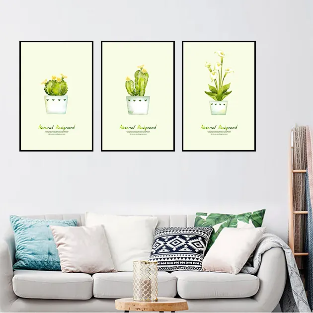 3 stuk Ingelijst Groene Bloempot Canvas Wall Art Olieverf