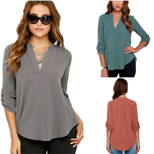 Chemise à manches pliées solides, ample, grande taille <span class=keywords><strong>5XL</strong></span>, manches courtes, en mousseline de soie, chemisiers pour femmes, hauts, sexy, col en V, chemisier décontracté - Product Image 1