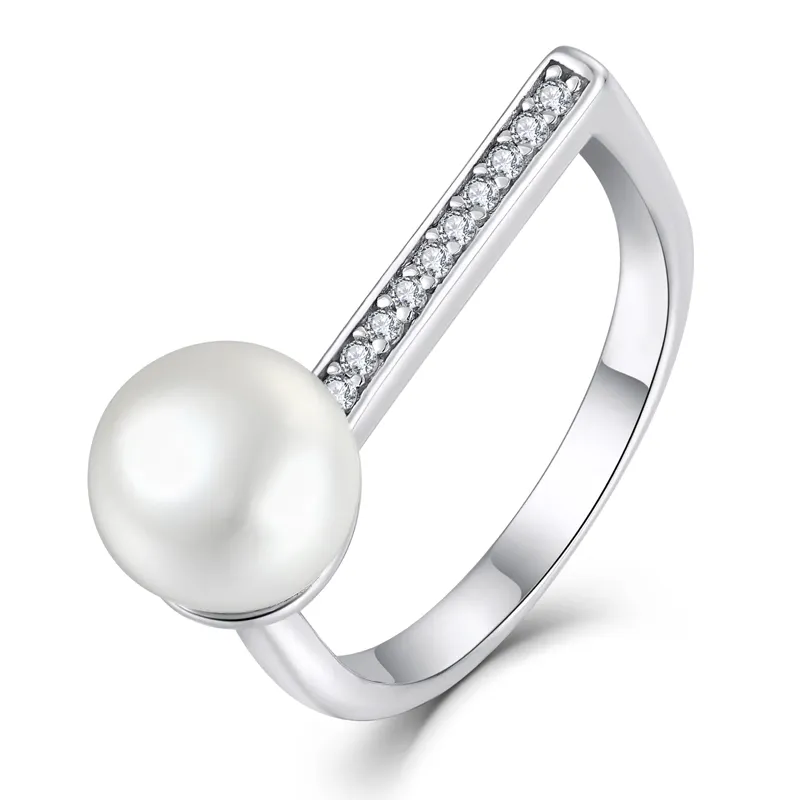 Customized Luxury Engagement Wedding Fine Jewelry Gift Wholesale Rhodium Plated 925 Sterling Silver OEM Unique Dainty Pearl Ring